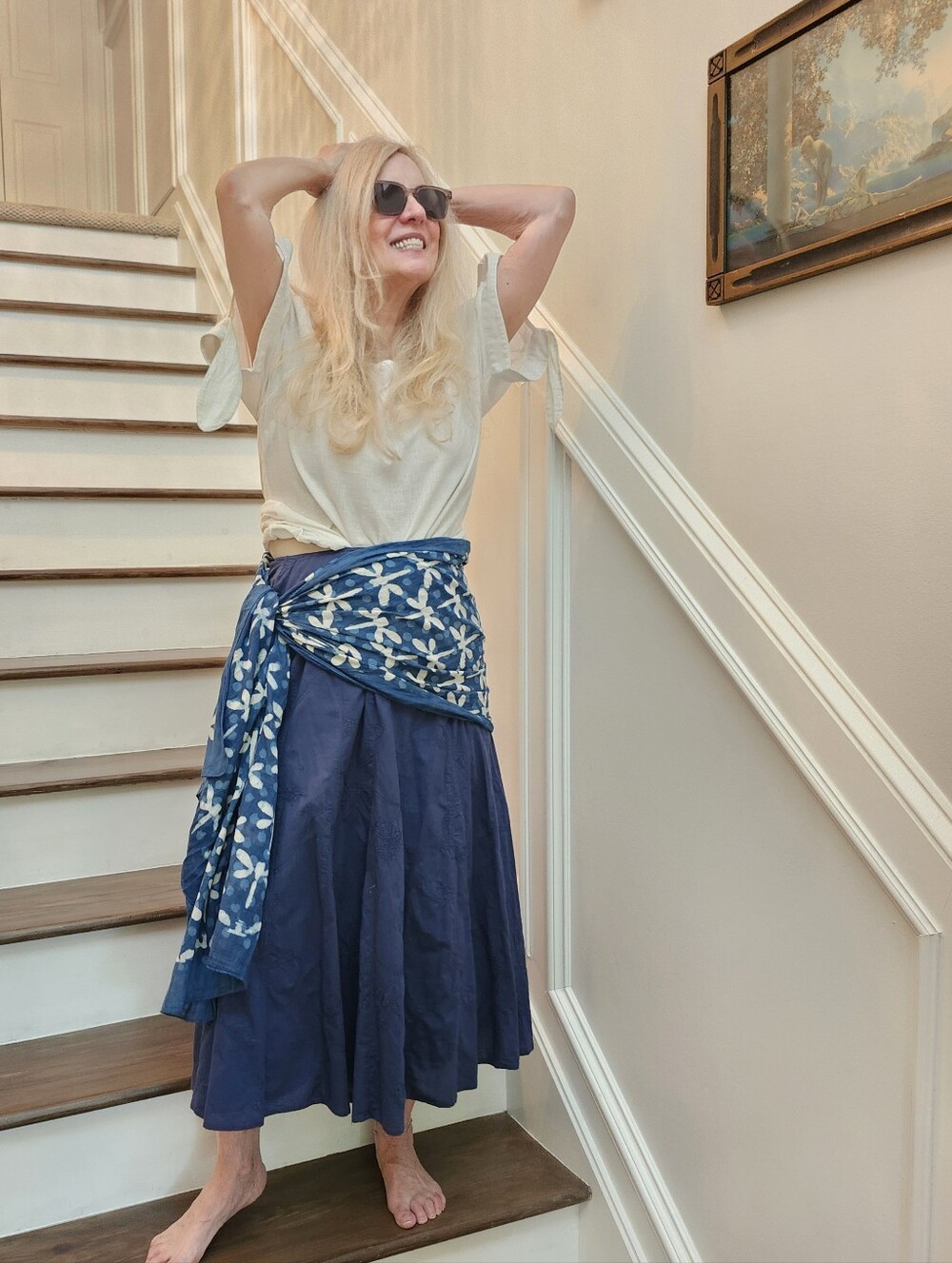 Talbots Blue Cotton Embroidered Maxi Praire Skirt & Serrv New Scarf, 6, $40